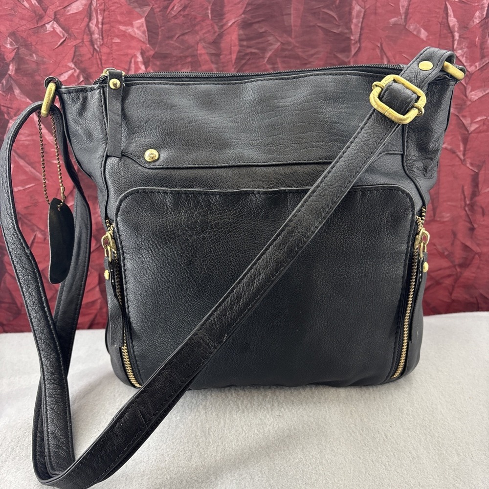 Great American Leatherworks Black Leather Crossbody Purse Bag 3 Compartments EUC